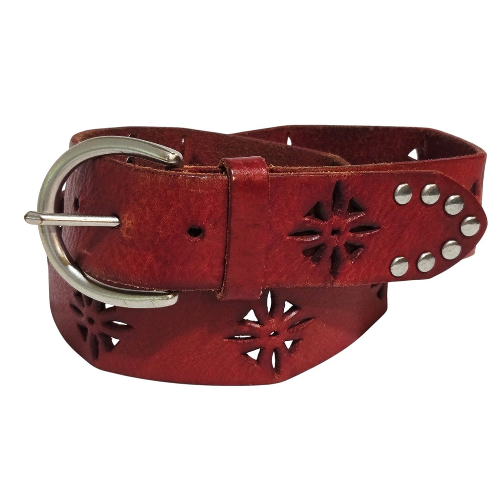Red Floral Laser Cut Leather Belt Women 31-35 Red Cutout Studded Western Boho